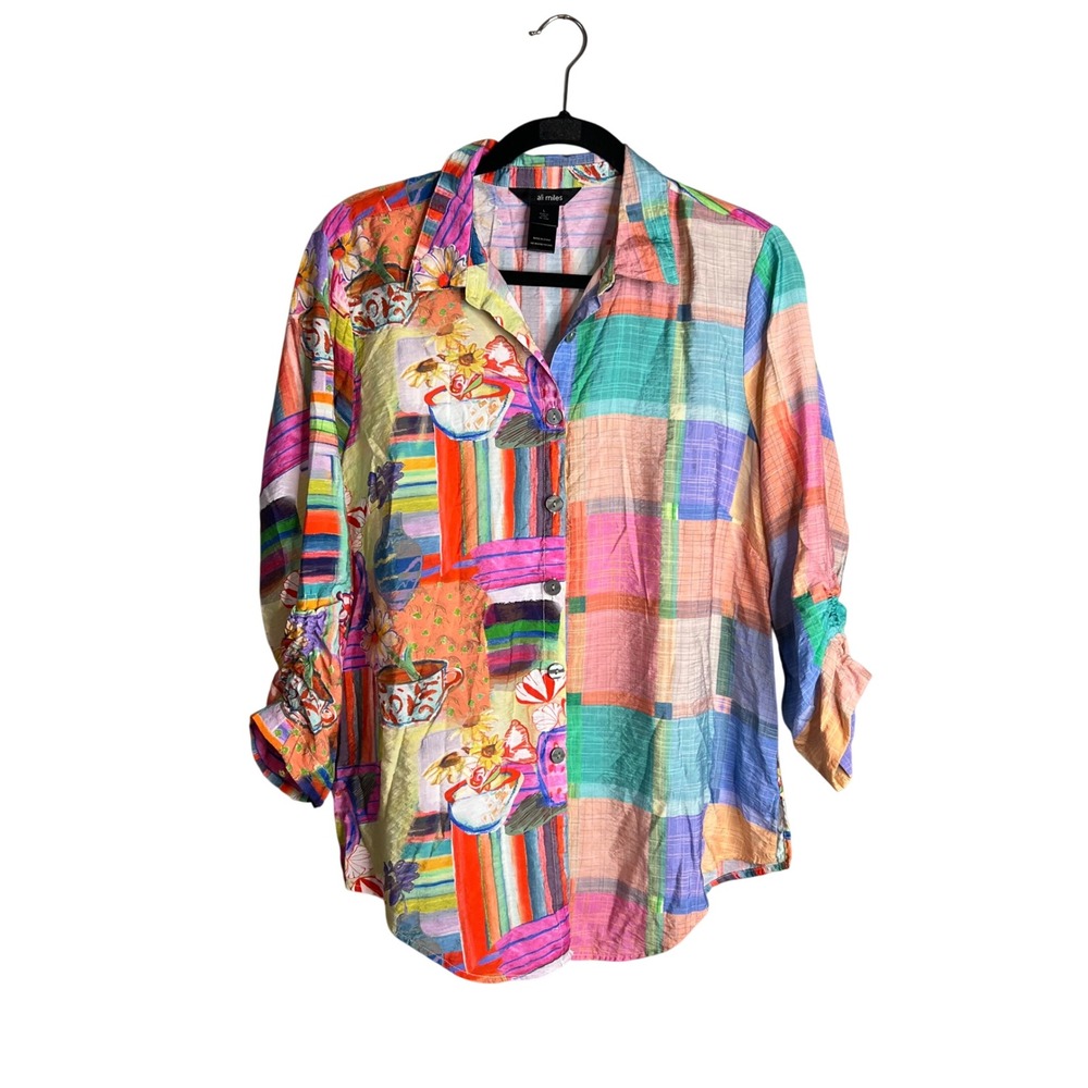 Ali Miles Button Down Top Size L Multicolor Patchwork Artsy Eclectic Boho